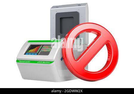 Verbotssymbol mit PCR-Thermocycler. 3D-Rendering auf weißem Hintergrund isoliert Stockfoto