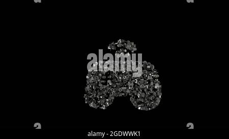 3d-Rendering verschiedene mechanische glänzende Metallteile in Form eines Symbols von Gamepad isoliert auf schwarzem Hintergrund Stockfoto