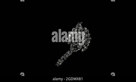 3d-Rendering verschiedene mechanische glänzende Metallteile in Form eines Symbols für brennendes Spiel isoliert auf schwarzem Hintergrund Stockfoto