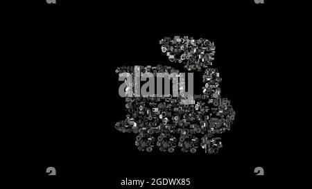 3d Rendering verschiedene mechanische glänzende Metallteile in Form eines Symbols der alten Lokomotive mit Rauch isoliert auf schwarzem Hintergrund Stockfoto