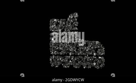 3d-Rendering verschiedene mechanische glänzende Metallteile in Form eines Symbols von Arbeitsschuhen aus Profil isoliert auf schwarzem Hintergrund Stockfoto