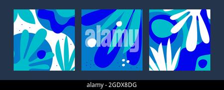 Banner mit organischen abstrakten, handgezeichneten Formen. Set von quadratischen Hintergründen mit Pflanzen und natürlichen Elementen. Muster mit Blättern Stock Vektor