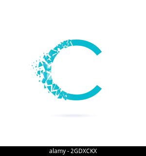 Buchstabe C-Logo. Dreieck zerbröckelt in Stücke. Blaue Farbe. Technologie und digitales Logo Stock Vektor
