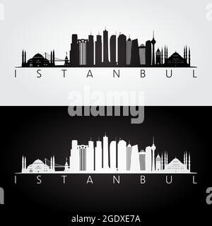 Skyline von Istanbul und Wahrzeichen Silhouette, Schwarz-Weiß-Design, Vektor-Illustration. Stock Vektor