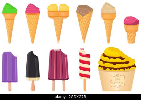 Illustration zum Thema große Kit Eiscreme Sorbet verschiedenen Arten in Kegel Waffel Cup. Eiscreme bestehend aus leckerem Milchsorbet auf Waffelbecher. Sorbet Stock Vektor