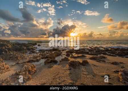 Sonnenaufgang über einem mit Kokken bedeckten Strand auf Hutchinson Island, Florida, der sich über dem Wasser spiegelt und Schatten über den Sand wirft. Stockfoto