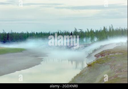 Abendlicher Nebel über dem Tundra-Fluss Hadyta Yaha, Halbinsel Yamal, Russland. Stockfoto