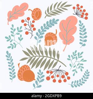 Isolierte Eicheln und Herbsteichenblätter in Orange, Beige, Braun und Gelb. Perfekt für Tapete, Geschenkpapier, Musterfüllung, Webseiten-Hintergrund, Herbst Stockfoto