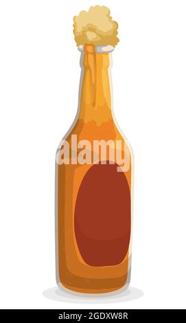Geöffnete Glasflasche mit sprudelndem, hellem Bier und Schaum, isoliert auf weißem Hintergrund. Stock Vektor