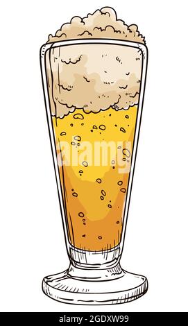 Pilsner Glas mit schaumig-sprudelndem Bier in handgezeichneter Form und mit Aquarellen bemalt. Stock Vektor