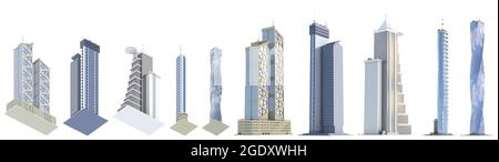 Set aus feinen detaillierten Geschäftshäusern mit fiktionalem Design und wolkigen Himmel Reflexion - isoliert, Blick von unten 3d-Illustration der Architektur Stockfoto