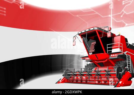 Digitale industrielle 3D-Illustration von rotem Advanced Grain Mähdrescher auf Jemen Flagge - Landwirtschafts-Ausrüstung Innovationskonzept Stockfoto