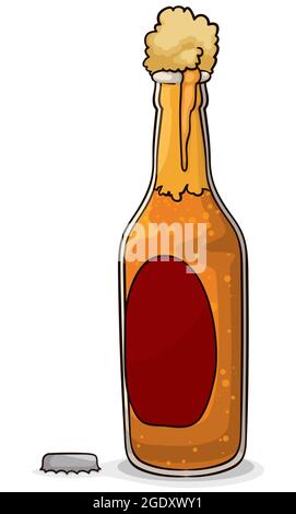 Geöffnete Glasflasche mit leichtem Bier mit Blasen und reichlich Schaum, im Cartoon-Stil. Stock Vektor