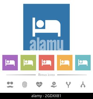 Flache weiße Symbole im quadratischen Hintergrund des Hotels. 6 Bonus-Symbole enthalten. Stock Vektor