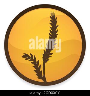Glänzender runder Knopf mit gelber Farbe und Weizenohren-Silhouette, isoliert auf weißem Hintergrund. Stock Vektor