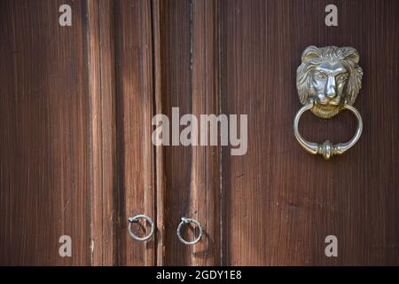 Altes ländliches Haus rustikale Holztür mit rostigen Griffen und einem antiken Messing Löwenkopf förmigen Klopfer in Stemnitsa, Arcadia Griechenland. Stockfoto