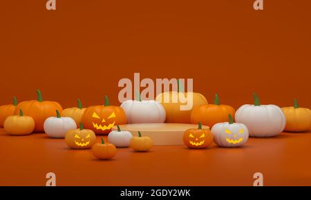 Halloween Zylinder Plattform mit vielen Kürbissen auf einem orangen Studiohintergrund. Leere Podestplattform. 3d-Rendering. Stockfoto