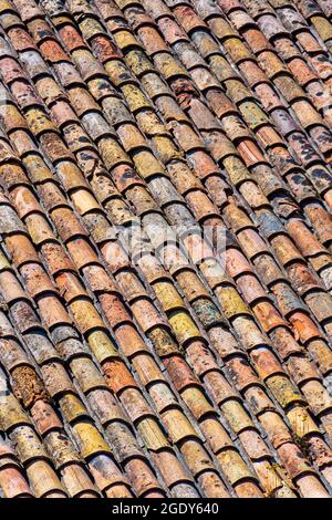 Altes Dach aus traditionellen römischen Terrakotta-Fliesen auf einem alten Haus im Süden Frankreichs. Nahaufnahme für Textur Stockfoto