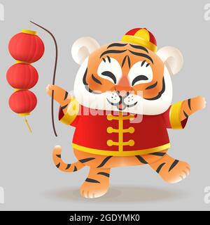 Tiger mit traditioneller chinesischer Tracht und Laterne - Feiern Sie chinesisches Neujahr - Jahr des Tigers - Vektor-Illustration isoliert Stock Vektor