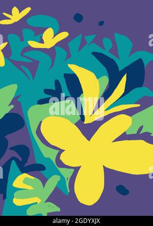 Ausgeschnittene Papiermalerei mit flachem Design und Blume. Trendige Formen und Design mit matisse-Inspiration. Exotische Farbe mit Natur und Blatt. Stockfoto