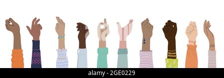 Verschiedene Menschen Handflächen in flachem Stil. Handgesten und Diversity Illustration. Community, Teamwork, Zweisamkeit Konzept. Isoliert auf Weiß. Stock Vektor