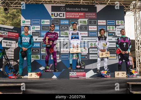 Herren Elite Podium, 1. Loris VERGIER von Frankreich, 2. Thibaut DAPRELA von Frankreich, 3. Laurie GRÖNLAND von Großbritannien, 4. Greg MINNAAR von Südafrika, 5. Loic BRUNI von Frankreich, während des Mountainbike-Weltcups 2021 am 15. August 2021 in Maribor, Slowenien - Foto Olly Bowman / DPPI Stockfoto