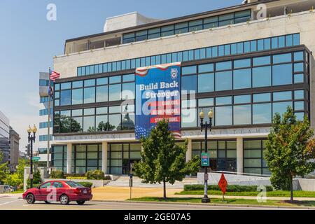 WASHINGTON DC, USA - 14. AUGUST 2021: Internationales Hauptquartier für Bruderschaft der Teamster blauer Kragen. Stockfoto