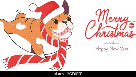 Weihnachtsbanner mit niedlichem Bulldog und weihnachtsmannhut. Schriftzug Frohe Weihnachten und Frohes neues Jahr. Vektor-Vorlage mit einem Hund im Cartoon-Stil Stock Vektor