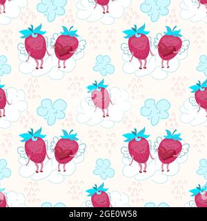 Cartoon Vektor nahtloses Muster mit handgezeichneten Erdbeeren auf den Wolken. Cartoon Erdbeeren mit Flügeln und Herz. Stock Vektor