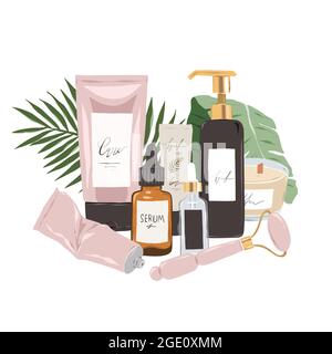 Hautpflege Beauty-Produkte Illustration, 3 Schritt Hautpflege Routine, Gesichts-Serum, Lotion und Feuchtigkeitscreme, Augencreme, kosmetische Behandlungen in angeordnet Stock Vektor