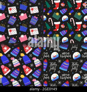 2021 Weihnachts-Ornamente-Musterset, weihnachtsgeschenke, Glaskugeln mit Rentier, skandinavische Illustrationen mit Schriftzug, nahtloses Geschenkpapier Stock Vektor