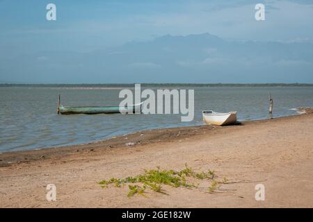 Ryohacha, La Guajira, Kolumbien - 30 2021. Mai: Zwei kleine weiße und grüne Boote, die am Sandstrand von Camarones an einen Holzstock gebunden sind Stockfoto