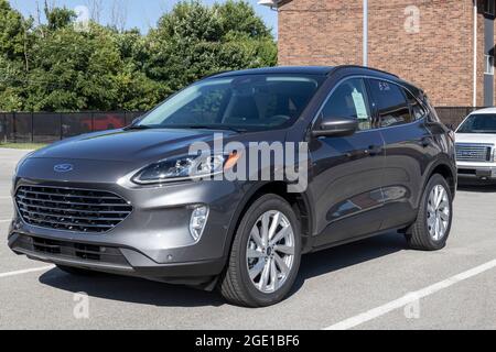 Kokomo - ca. August 2021: Ford Escape-Display bei einem Händler. Ford verkauft traditionelle Benzin-, Elektro- und Hybrid-SUV-Modelle. Stockfoto