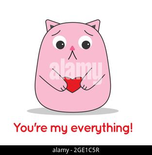 CAT Little cute pink hält ein rotes Herz, die Inschrift Du bist mein alles, isoliert auf weißem Hintergrund. Valentinstag. Grußkarte, Poster, Banner. Vektorgrafik Stock Vektor