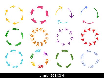 Kreisförmige Pfeile bunte Farben, verschiedene Dicke. Lade-und Recycling-Symbol. Loop Refresh Reload und Drehzeichen gesetzt. Infografik Design-Elemente für App, Geschäftsstrategie Statistiken Diagramme Stock Vektor