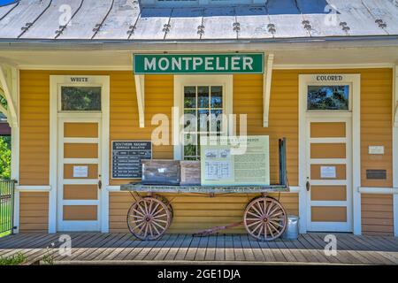 Der Eingang zum historischen Bahnhof Montpelier zeigt die separaten farbigen und weißen Wartetüren in Virginia. Stockfoto