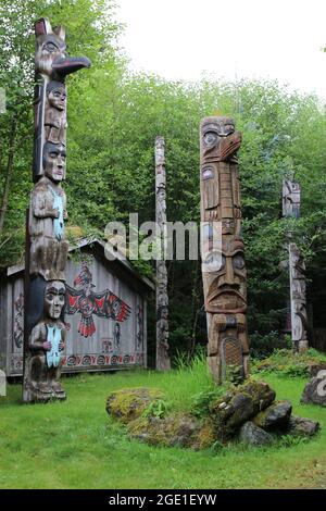 Tote Poles in Ketchikan, Alaska Stockfoto