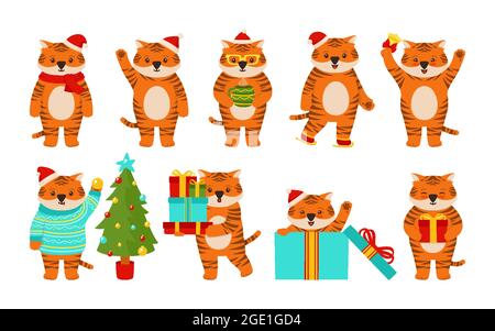 Weihnachten Tiger Tier Charakter Maskottchen Neujahr. Tiger in Santa Hut, gibt Geschenkbox Weihnachtsbaum, Cartoon flach set. Comic niedlichen Streifen große Katze für Kalender Clipart Symbol Happy New Year Vektor Stock Vektor