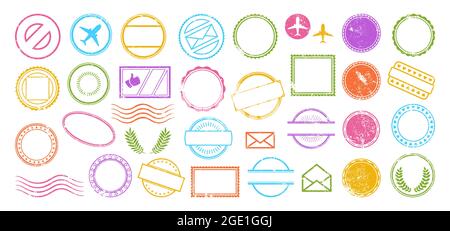 Briefmarkenrahmen buntes Grunge leeres Set. Banner Symbol Rahmen Briefmarkenpaket. Texture blank druckt Stempel. Dokument und Paket, Buchstaben Insignien Sammlung rund und quadratisch Stempel Symbol Etikett Stock Vektor