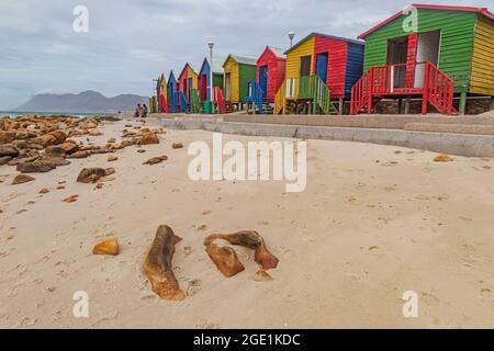 Farbenfrohe Muizenberg Beach Hütten am Muizenberg Beach in False Bay of Cape Peninsula in der Nähe von Kapstadt, Südafrika. Stockfoto
