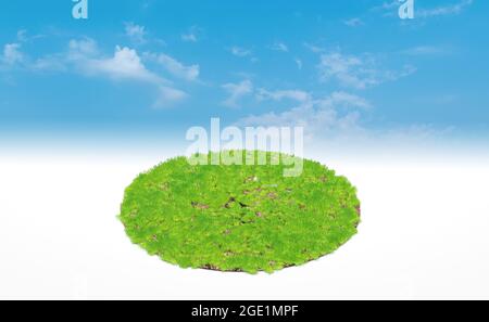 3D Rendering, Kreis Podium der Landwiese. Bodenquerschnitt mit grünem Gras über blauem Himmel Hintergrund. Stockfoto