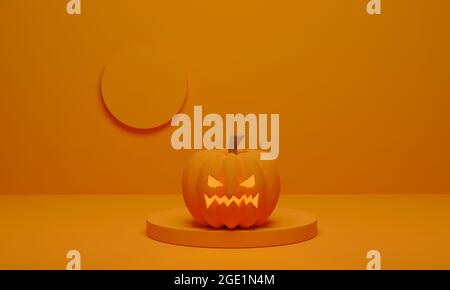 3D-Rendering. Kürbis und Podium minimale Szene für Halloween Hintergrund. Stockfoto