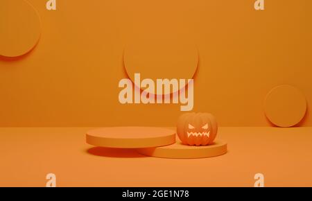 3D-Rendering. Kürbis und Podium minimale Szene für Halloween Hintergrund. Abstrakter Sockel in geometrischer Form für die Produktanzeige Stockfoto
