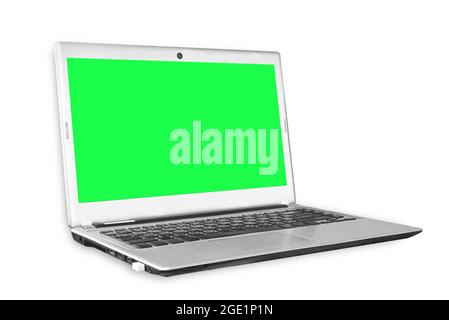 Laptop-Computer mit grünem Bildschirm auf weißem Hintergrund isoliert. Modell Stockfoto