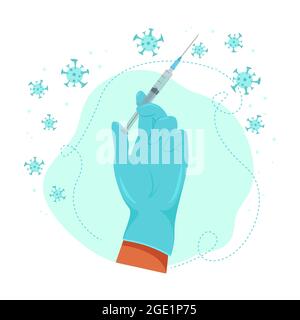 Hand eines Arztes, der eine Spritze mit einer Injektion hält, Impfung gegen das Virus, Medizin, Vektordarstellung in flacher Form Stock Vektor