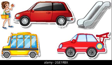 Zufällige Aufkleber mit transportablen Fahrzeugobjekten Illustration Stock Vektor