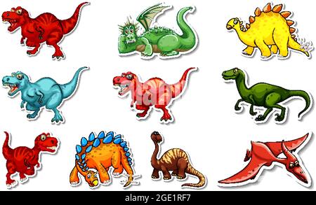 Aufkleber mit verschiedenen Arten von Dinosauriern Cartoon-Figuren Illustration gesetzt Stock Vektor