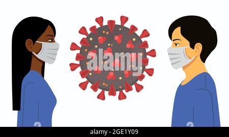 Mann und Frau tragen medizinische Maske, Menschen, die wegen des Coronavirus in Angst und Angst sind. Konzept der Quarantäne von Coronavirus. Menschen in Protectiv Stock Vektor