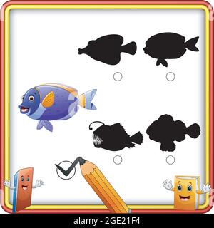 Finden Sie den richtigen Schatten. Cartoon lustige Fische. Bildung Spiel für Kinder Stock Vektor