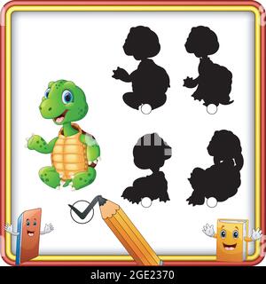 Finden Sie den richtigen Schatten. Cartoon lustige Schildkröte winken. Bildung Spiel für Kinder Stock Vektor